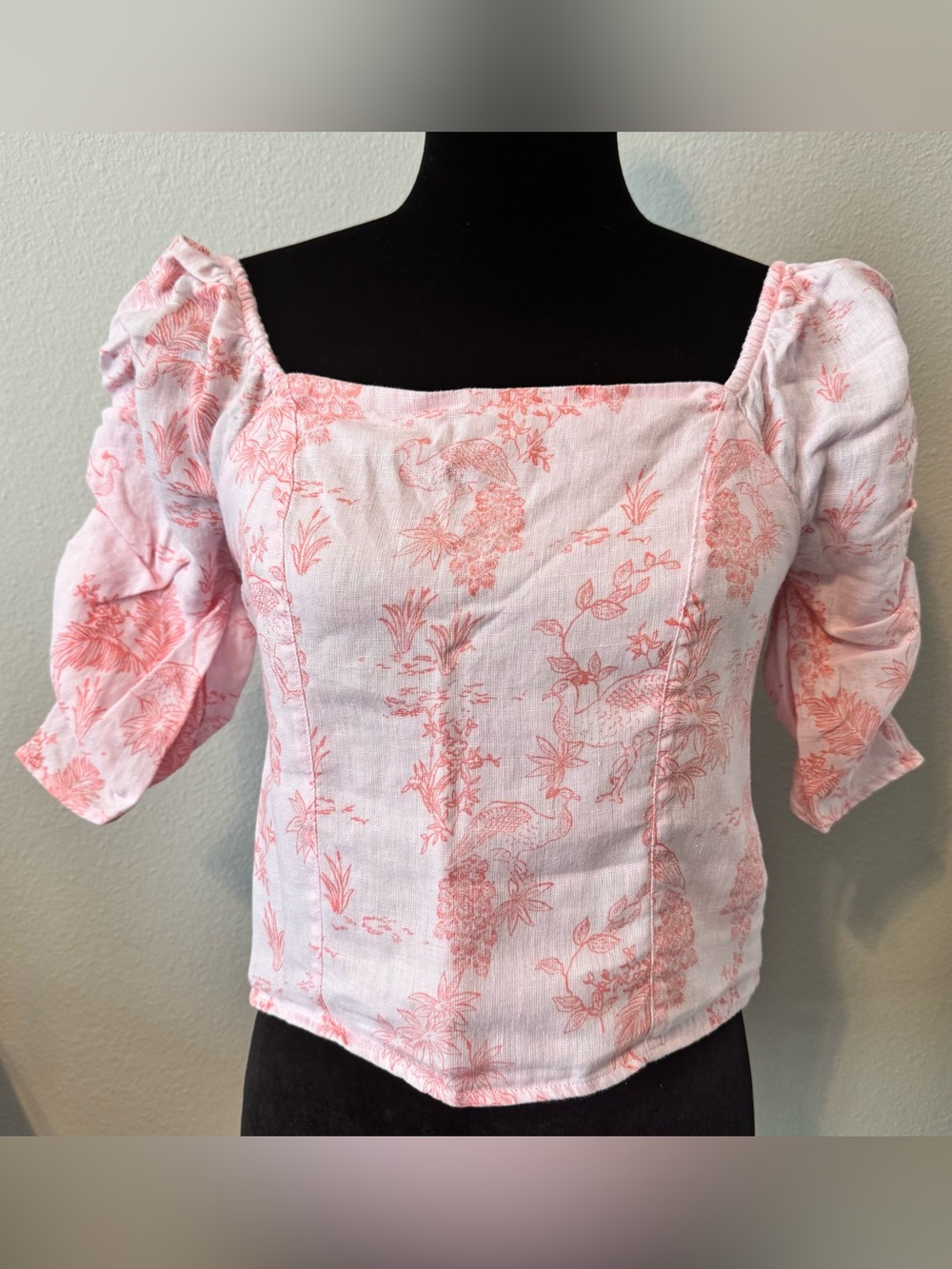 Cynthia Rowley Pink Linen Puff Sleeve Peplum Top M Peacock Print Cottagecore